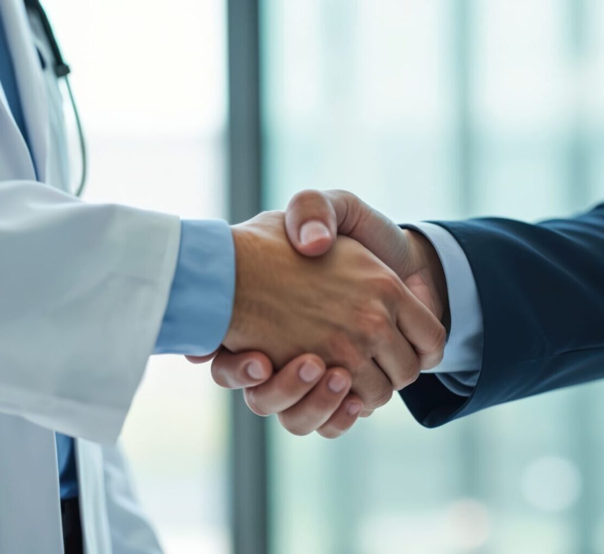 Close-up photo of doctor in white coat shaking hands with pharmaceutical sales representative in suit. Concept of medical business, healthcare partnership, drug promotion, pharmaceutical marketing