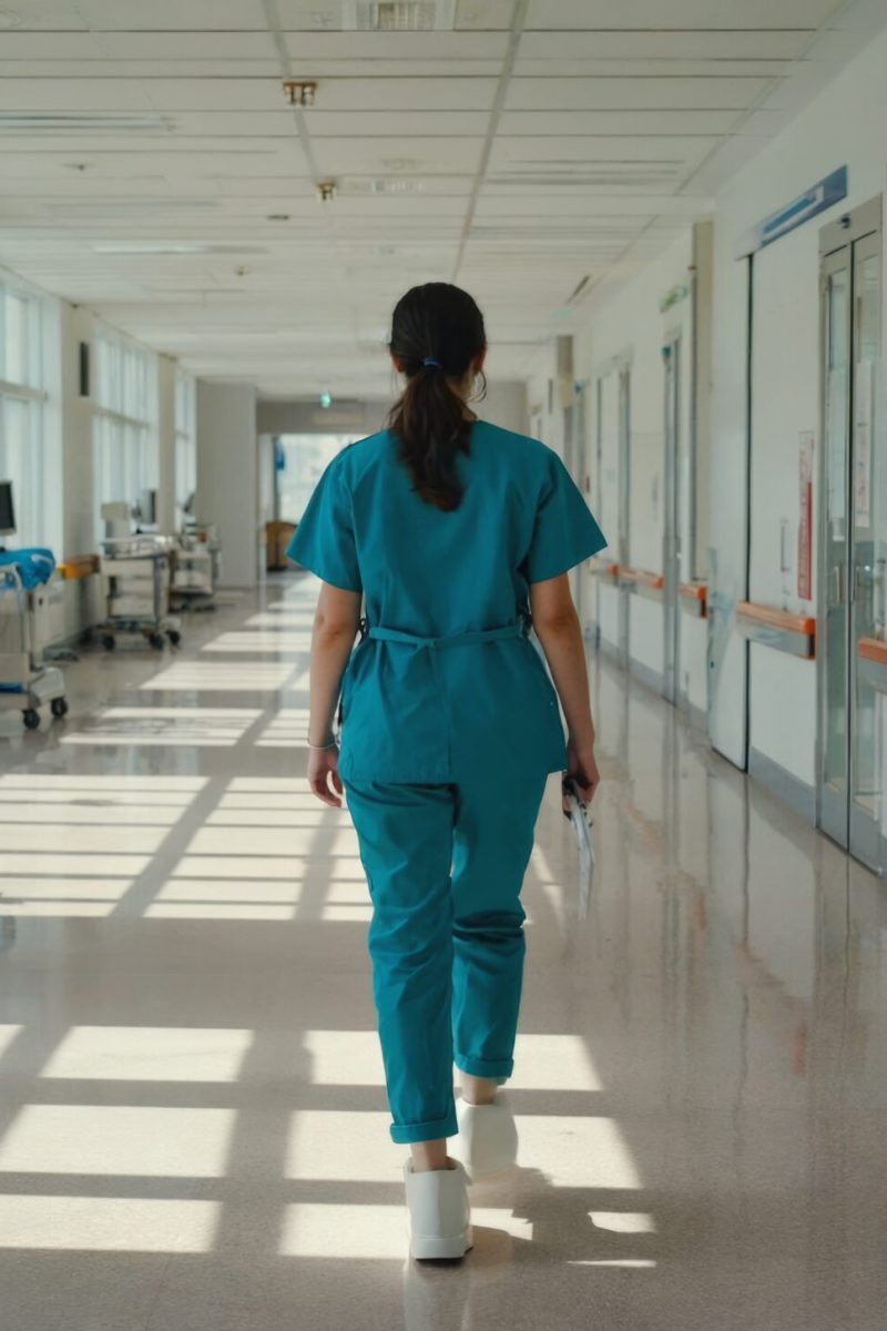 A healthcare professional in scrubs walks down a bright hospital corridor, sunlight illuminating the spacious area filled with medical equipment and empty patient rooms